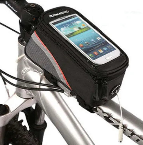 ROSWHEEL black PVC bicycle frame bag for mobile phone mounted on a bike.