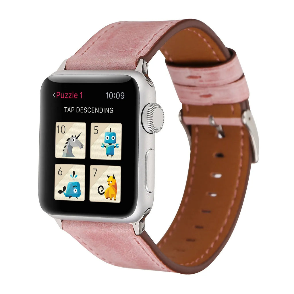 Blue leather watch strap with a silver folding buckle on a 42mm width watch case.