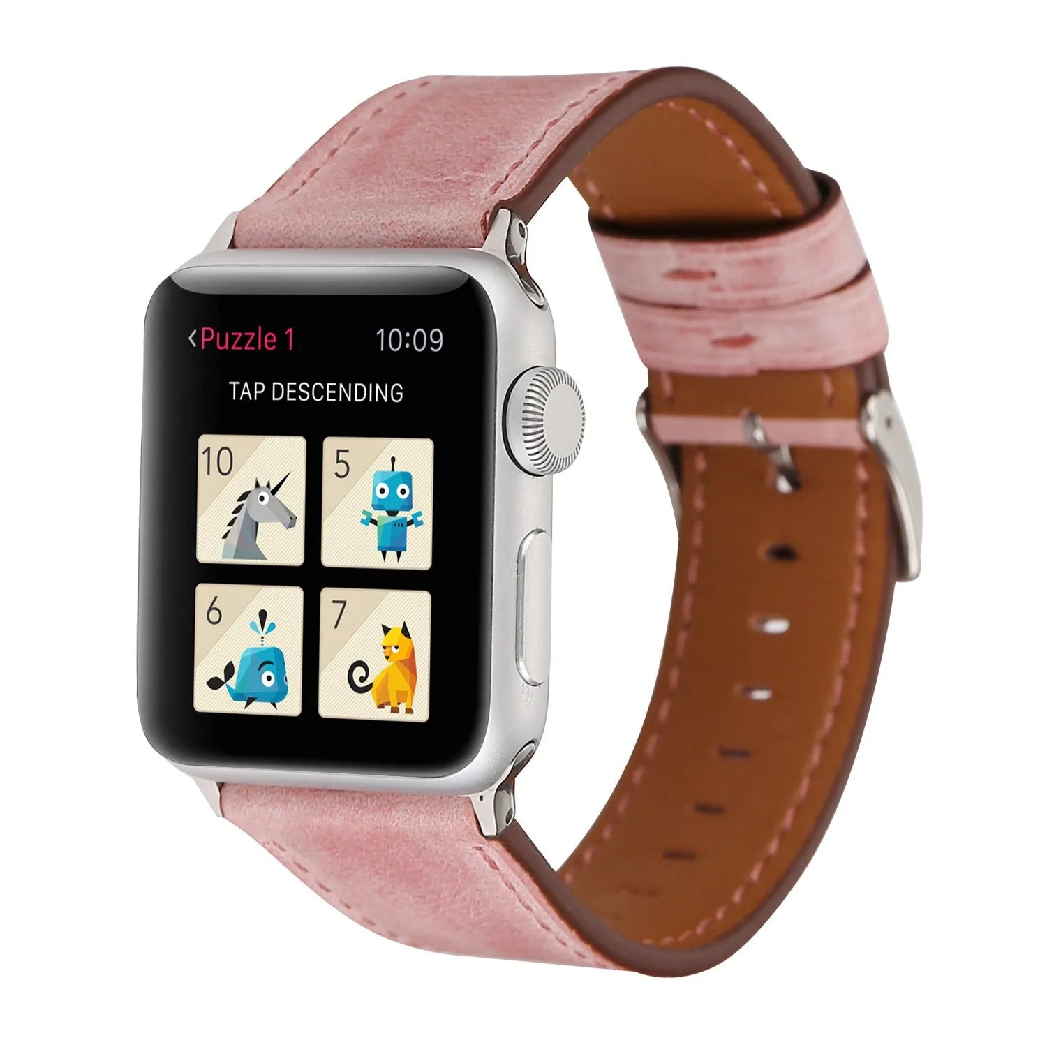 Blue leather watch strap with a silver folding buckle on a 42mm width watch case.
