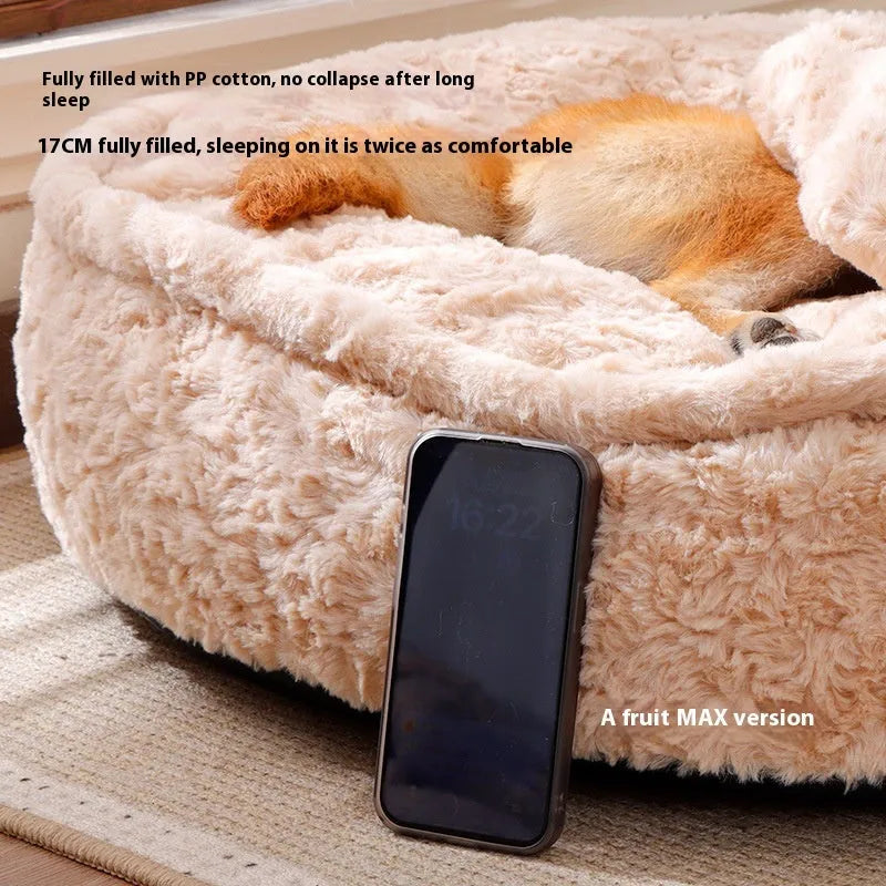 Round nest pet bed with removable cloth cover in milk tea colour, shown in various sizes.