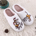 White fluffy cartoon slippers with a non-slip rubber sole and toe holder design