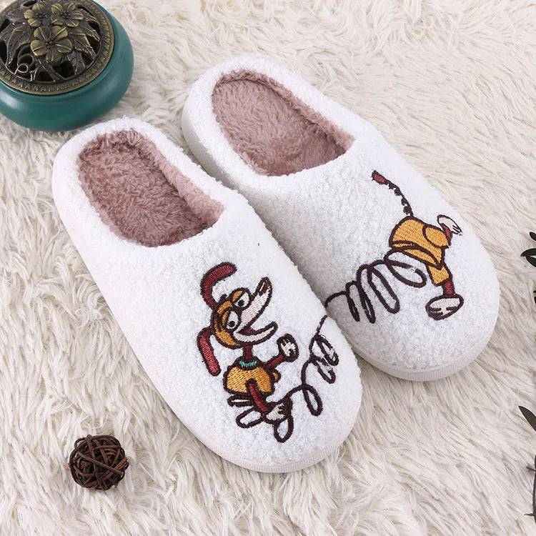 White fluffy cartoon slippers with a non-slip rubber sole and toe holder design