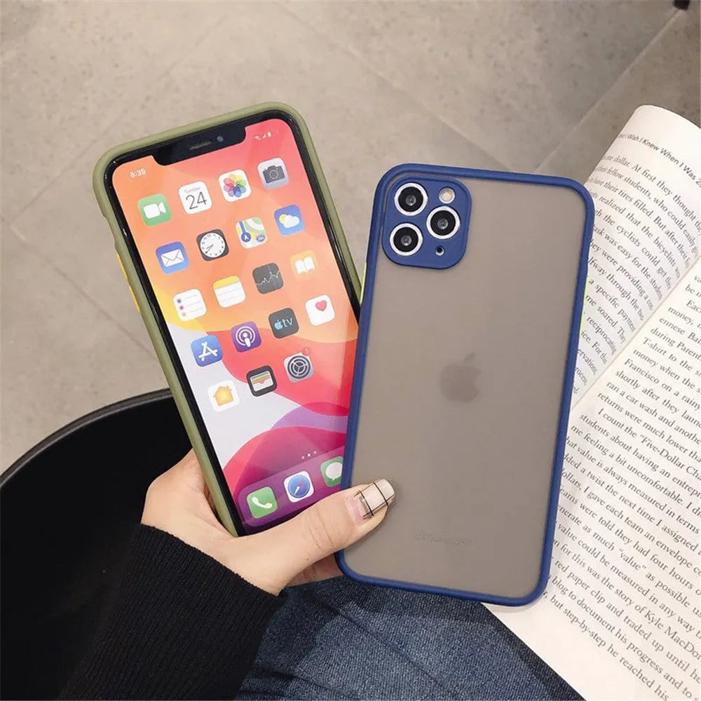 Transparent solid-colour shockproof iPhone case showing soft TPU sides and hard PC back, compatible with multiple models.