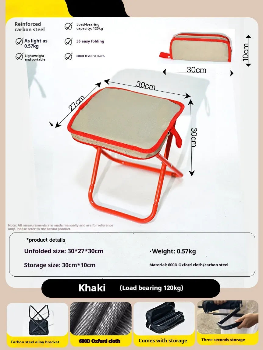A folded lightweight camp stool with an Oxford cloth seat in a choice of colours.