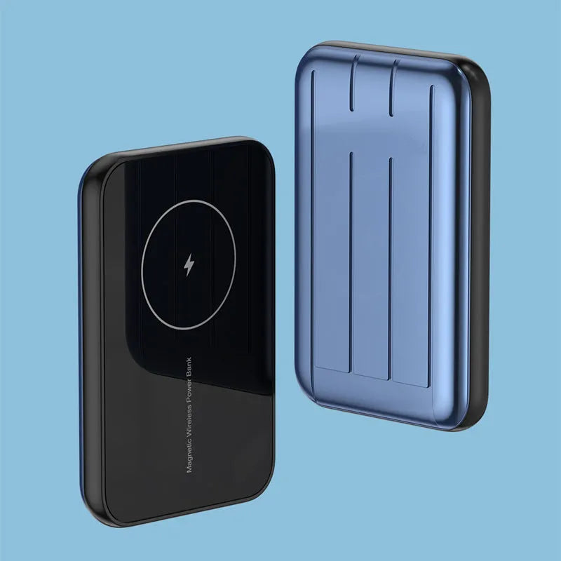Blue 15W wireless magnetic power bank showing front view with dimensions 98mm by 64mm.