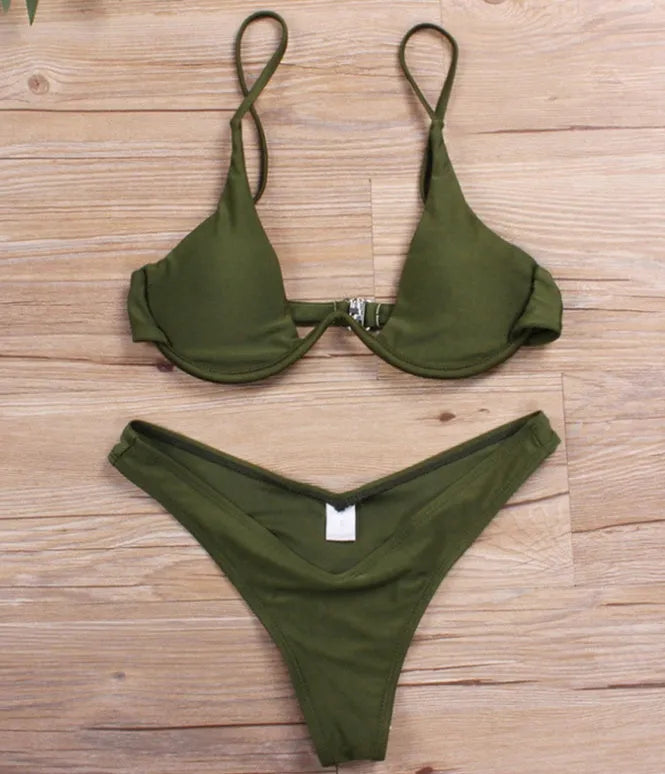 Multi-Color optional bikini swimsuit with strip steel belt and chest pad, available in 15 colours, solid colour open back design
