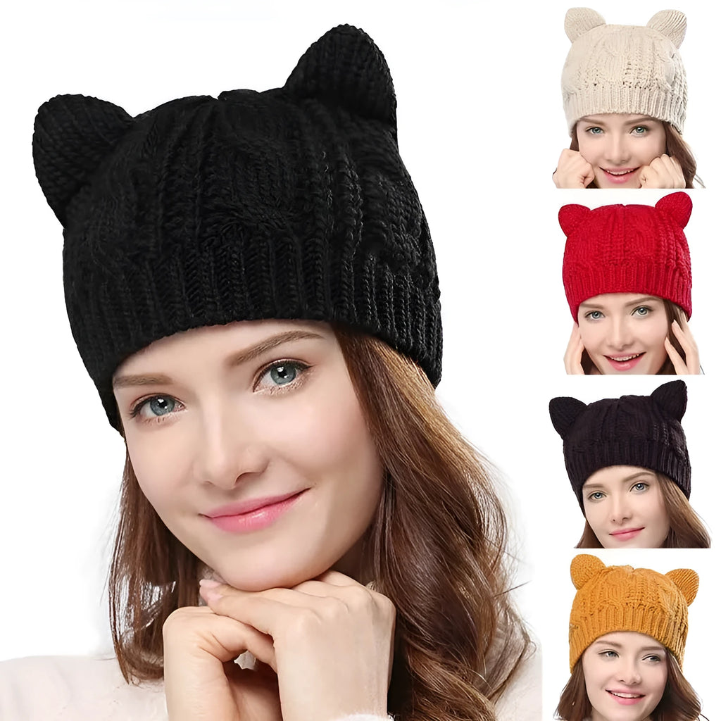 Handmade wool knitted beanie with 3D cat ears in multiple colour options