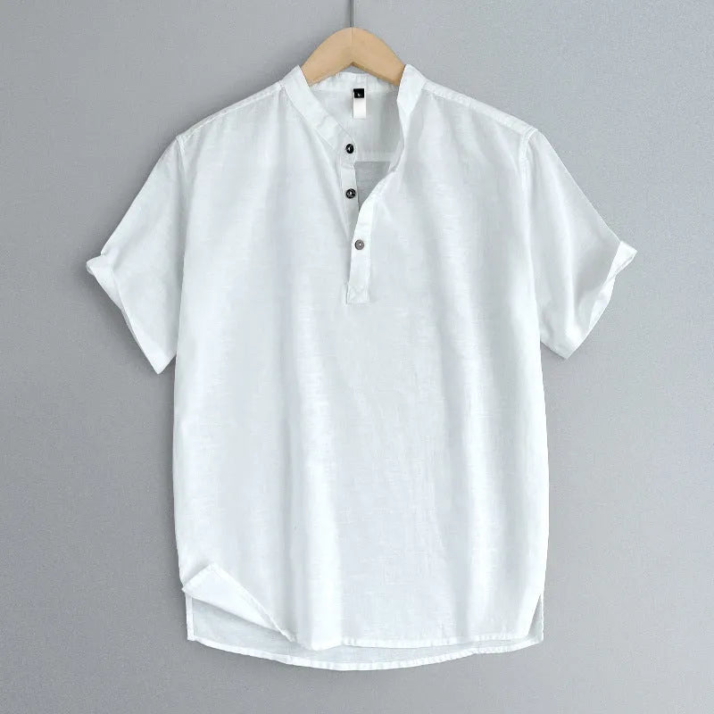 Men's solid colour short sleeve linen blend t-shirt in grey green on a hanger