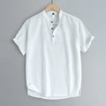 Men's solid colour short sleeve linen blend t-shirt in grey green on a hanger