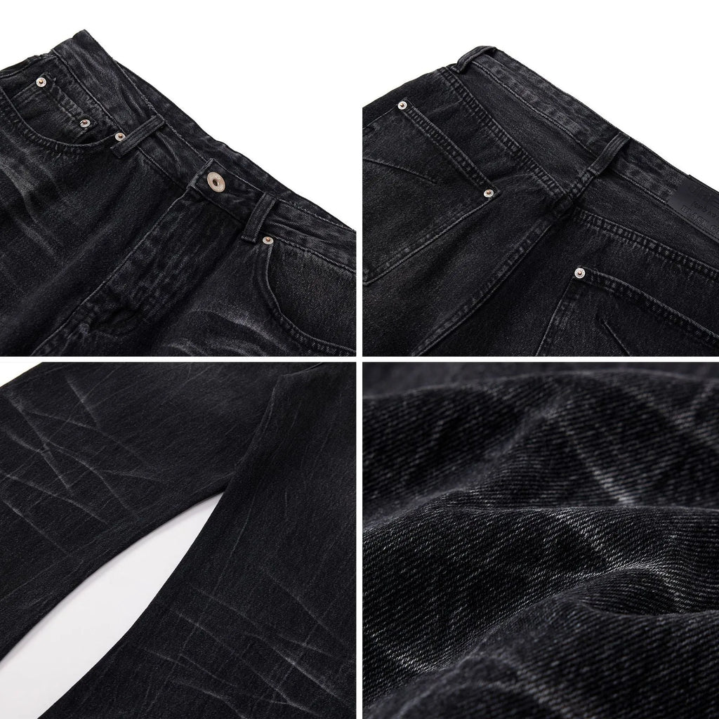 Men's black straight-leg jeans with lightning crack pattern on American washed denim