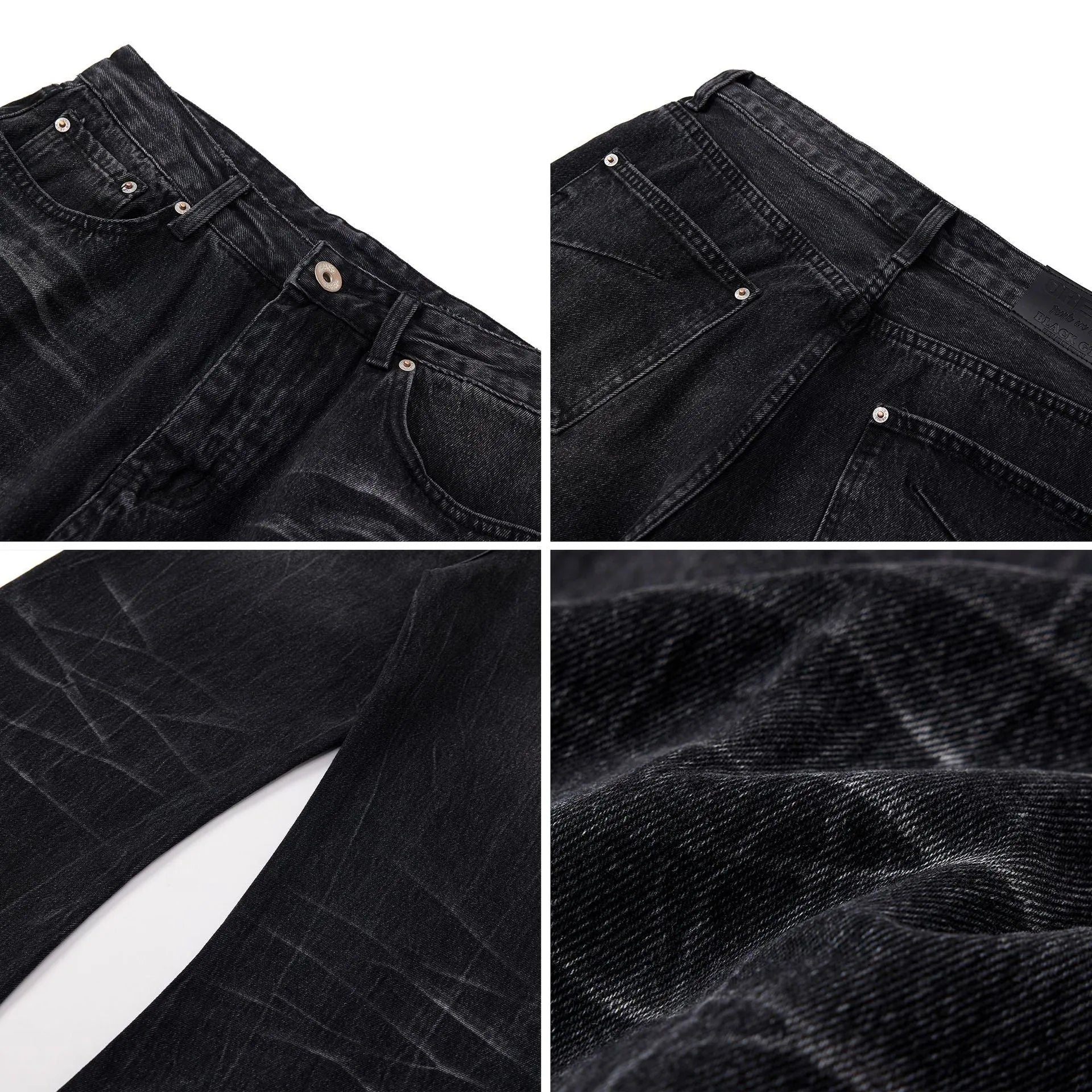 Men's black straight-leg jeans with lightning crack pattern on American washed denim