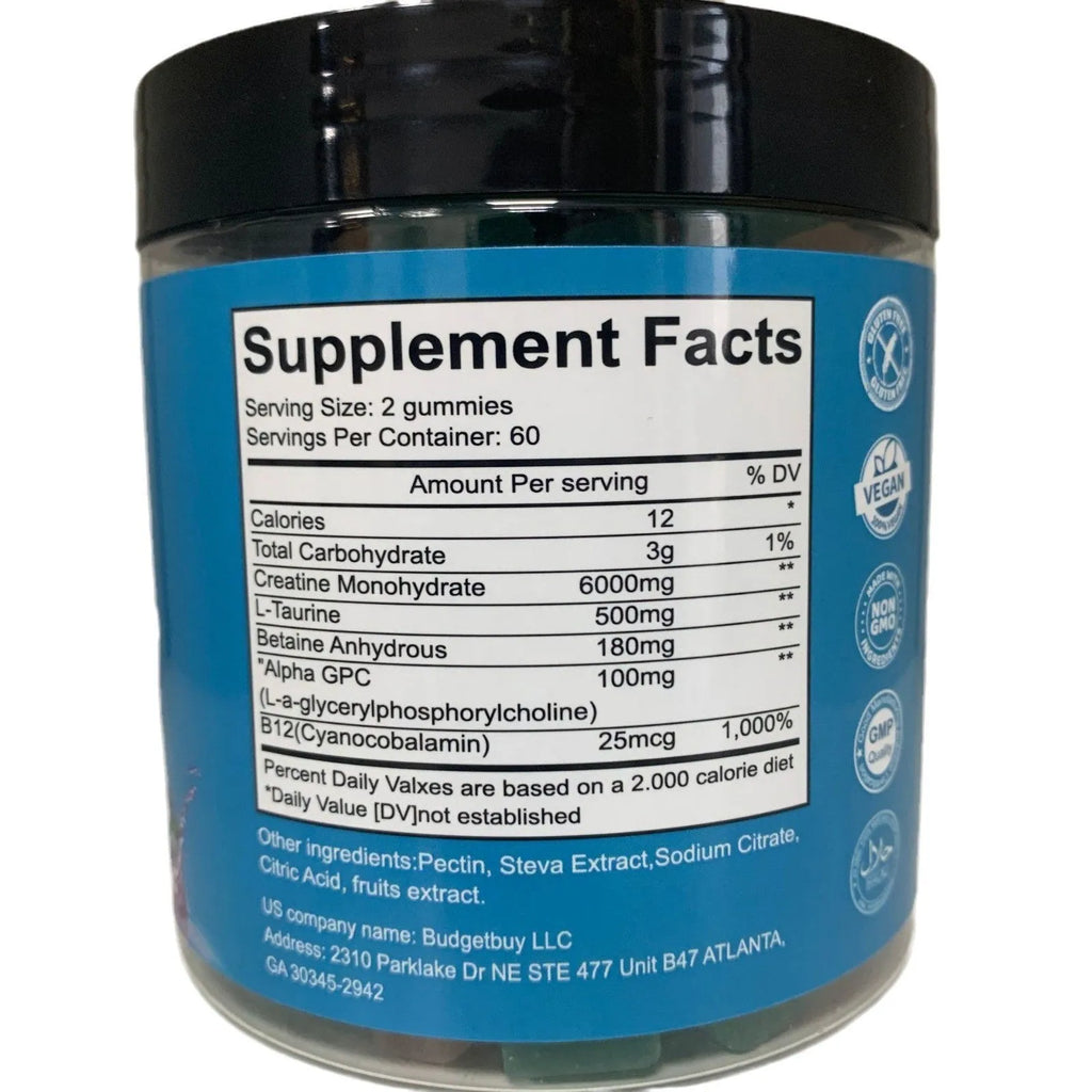 Bottle of raspberry flavoured creatine monohydrate gummy supplements containing 120 soft candy pills