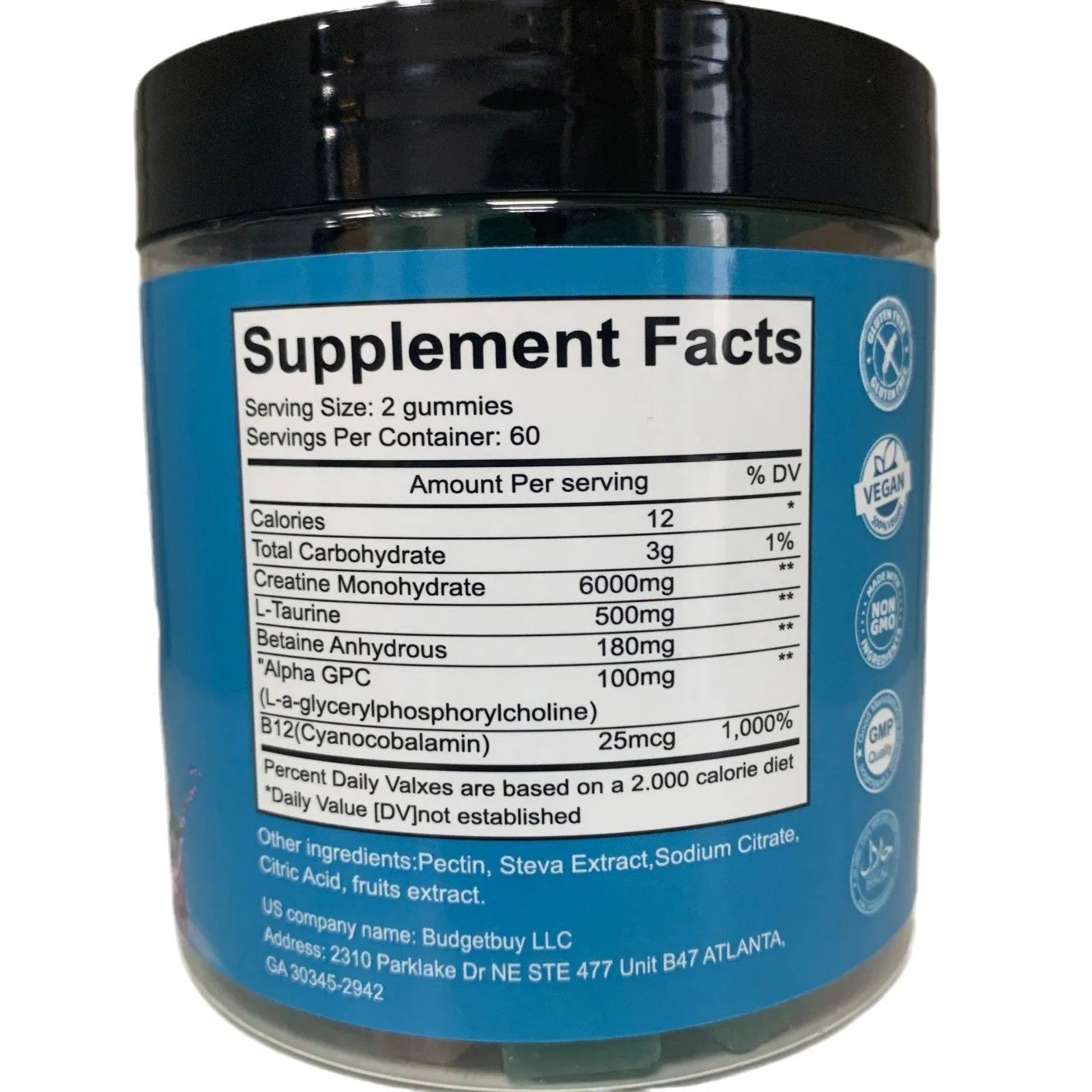 Bottle of raspberry flavoured creatine monohydrate gummy supplements containing 120 soft candy pills