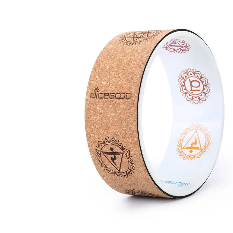 Cork yoga wheel 32cm diameter natural cork surface black colour for spinal support and backbends