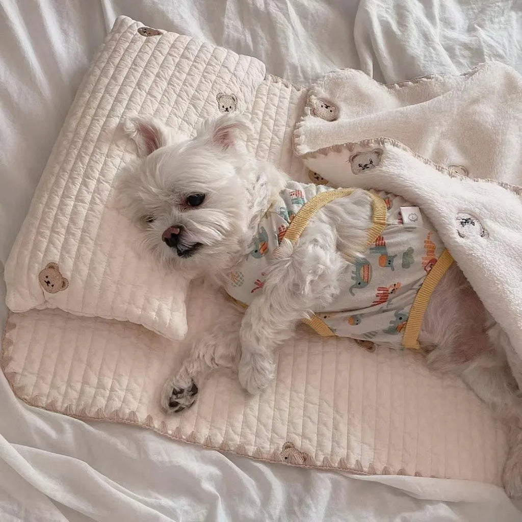 Simple Bear three-piece dog bed set with removable pillow, mattress and comforter in square mat format