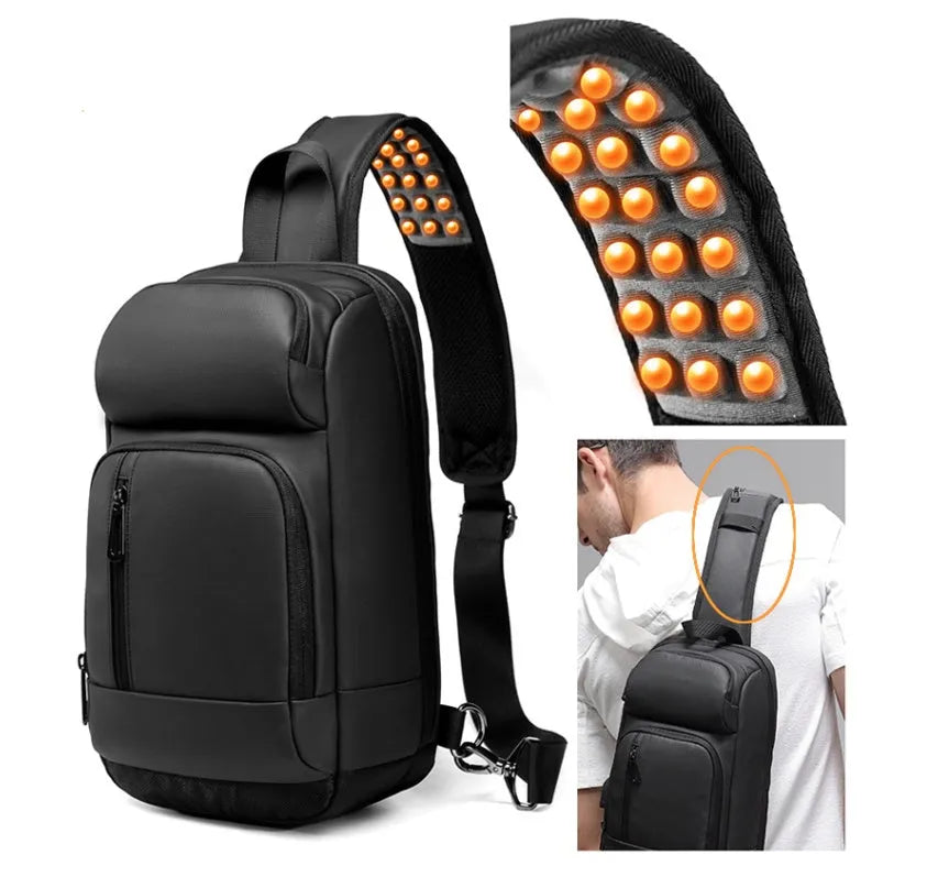 Black PVC outdoor shoulder bag with zipper, internal pockets, and an air cushion shoulder strap.