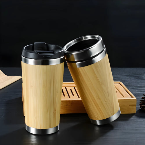 Bamboo coffee cup with thermal insulation, leak-proof lid, and anti-slip foam pad base showing 420ml capacity