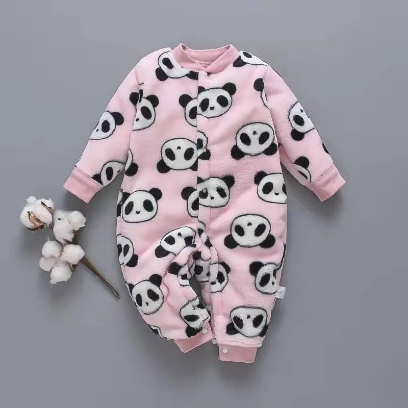 Baby wearing a long sleeve flannel romper with a panda print design