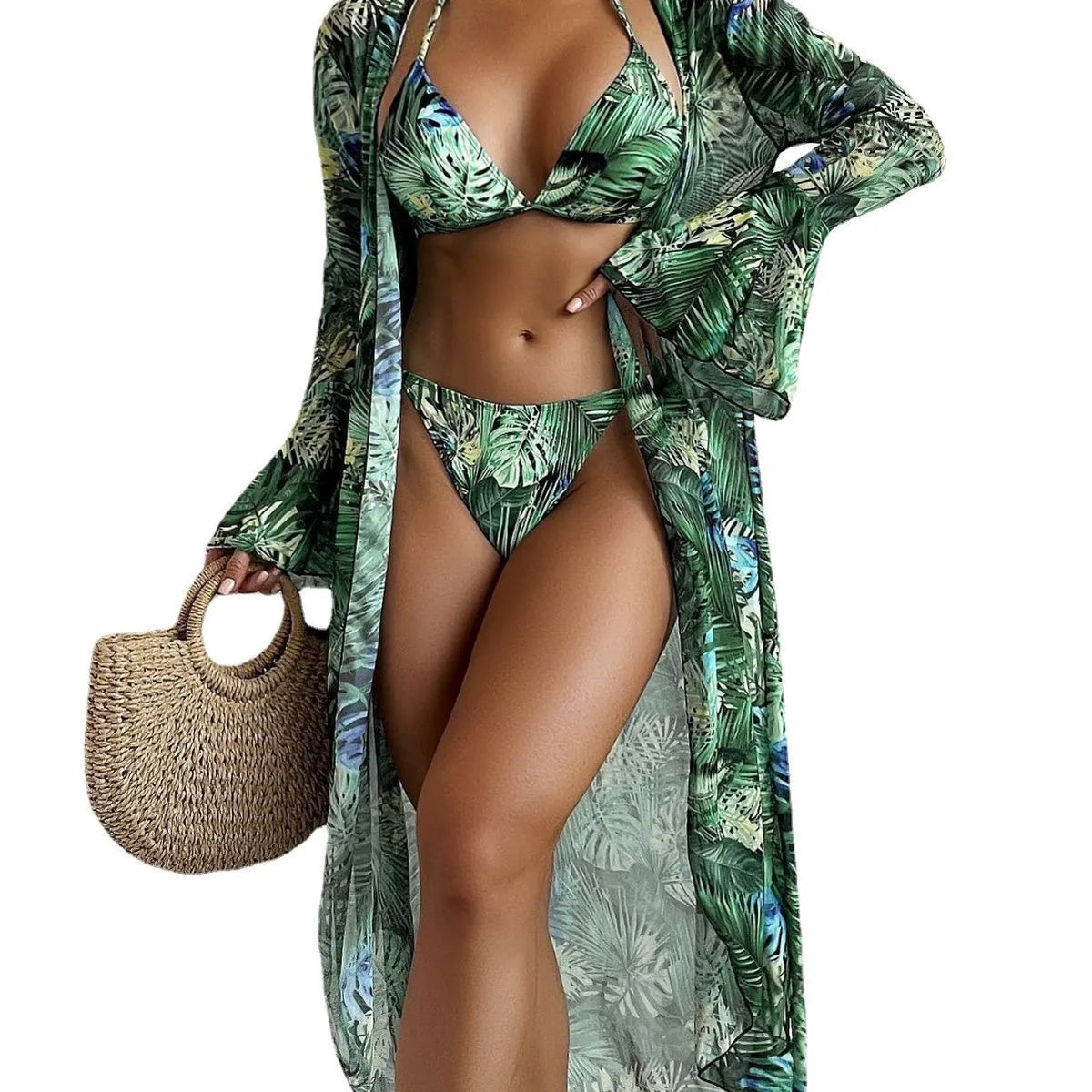 European and American printed three-piece swimsuit set with coat, top, and shorts in blue flower and green flower options.