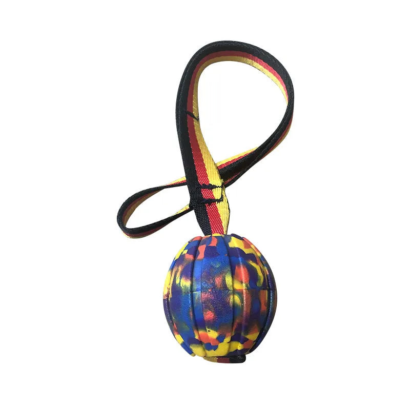 Floating EVA pet training ball in yellow and camouflage colours showing three diameter sizes for water fetch