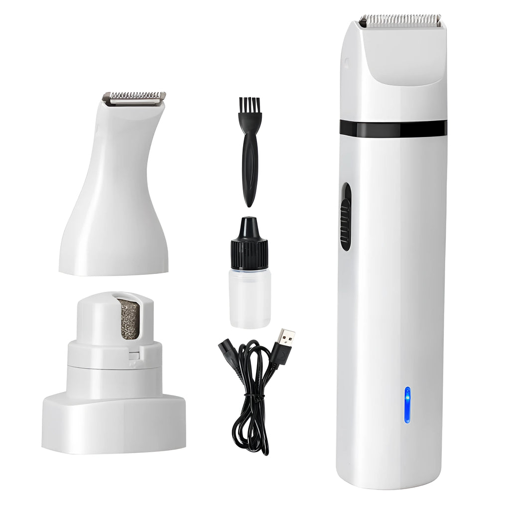G12 white and black cordless pet hair clipper with shaving, trimming, and nail grinding heads for dogs and cats