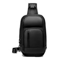 Black PVC outdoor shoulder bag with zipper, internal pockets, and an air cushion shoulder strap.