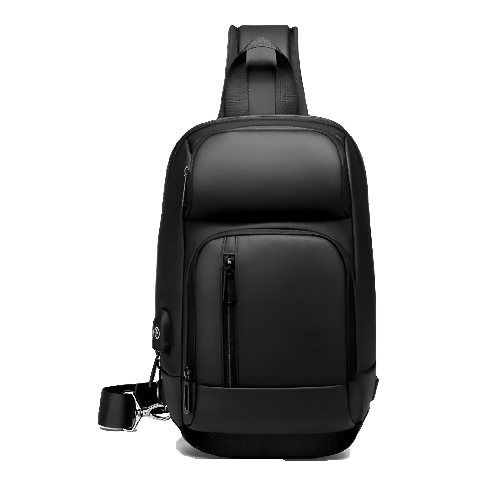 Black PVC outdoor shoulder bag with zipper, internal pockets, and an air cushion shoulder strap.