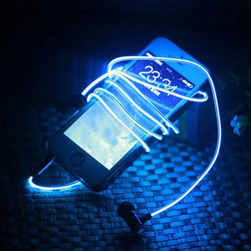 Blue Magic Light LED earphones with glowing EL light strips, showing 3.5mm plug and inline remote with microphone.