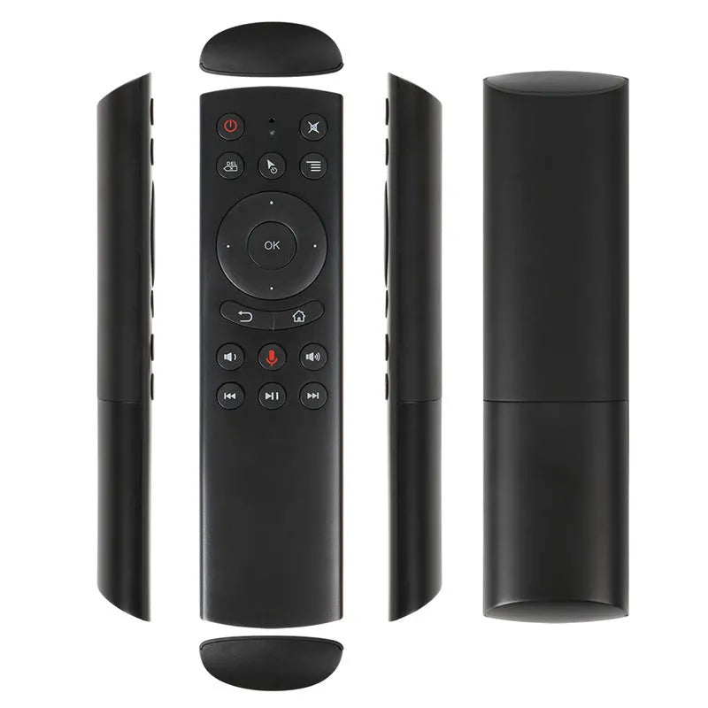 G20 2.4G wireless flying mouse voice remote control with black ABS plastic body and silicone buttons.