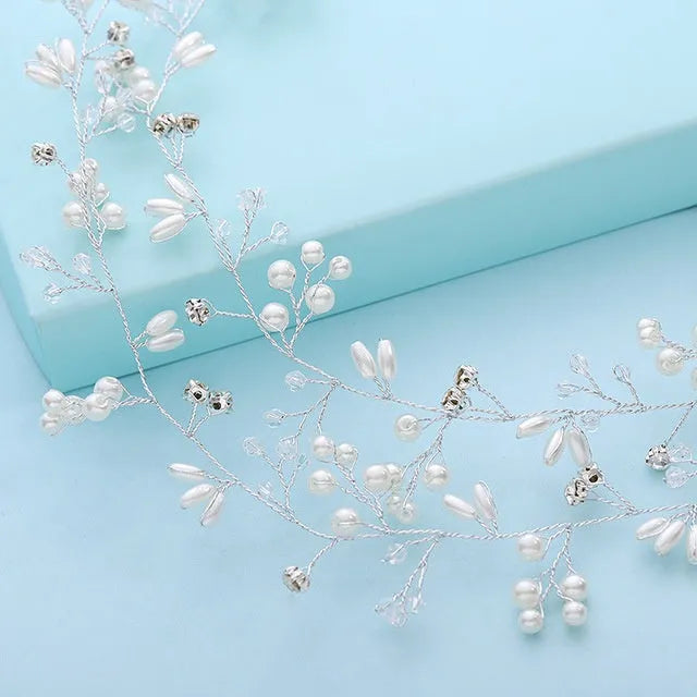 Bride's long hair band with crystal pearls in silver, gold, and rose gold colour options