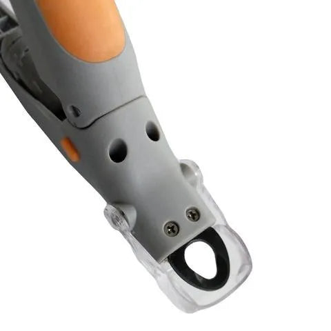 Yellow and grey pet nail clipper with LED light and magnifying glass, 14 cm long