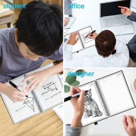 Black PP cover rewritable paper notebook with spiral binding, open to a page with handwriting, pen included