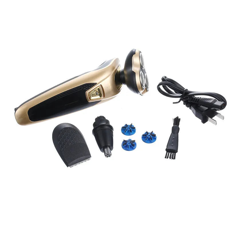 Electric shaver machine three-head floating razor with accessories on blue background