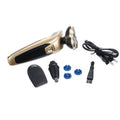 Electric shaver machine three-head floating razor with accessories on blue background