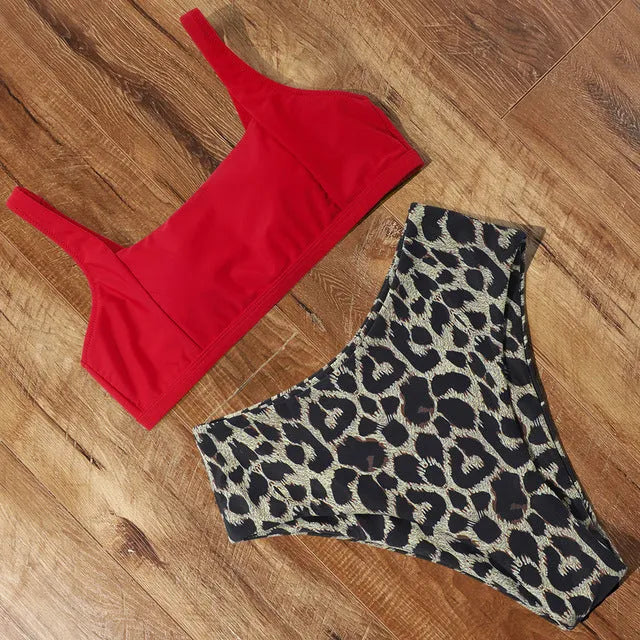 Women's high waist leopard print bikini set with push-up top and matching briefs on a mannequin.