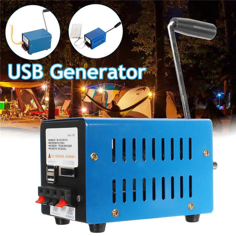 Blue metal USB emergency hand crank generator showing voltage selection panel and compact 125mm size