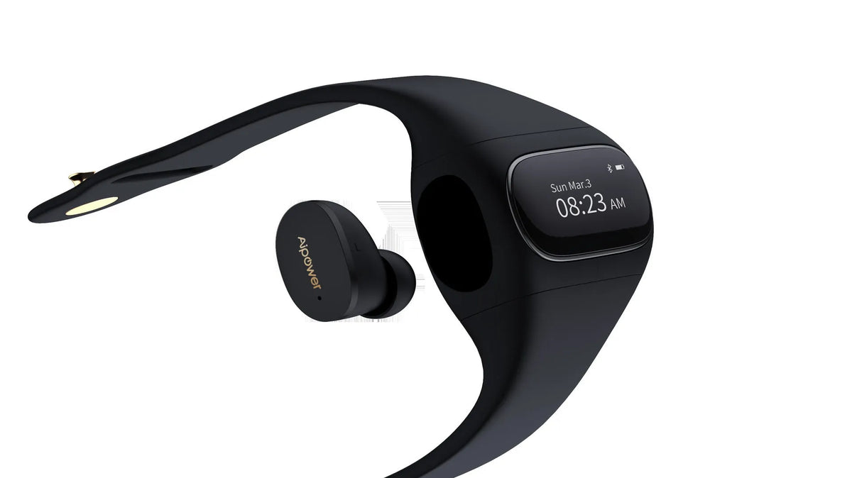 2 in 1 wireless earphone bracelet in black with silicone band and earbuds on wrist
