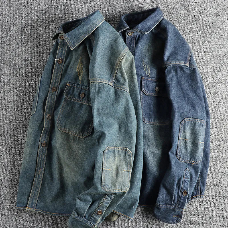 Men's light blue vintage washed denim shirt with long sleeves and loose fit
