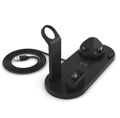 4 in 1 wireless charger stand for iPhone Samsung iWatch AirPods in black silicone material with 360 degree rotating dock