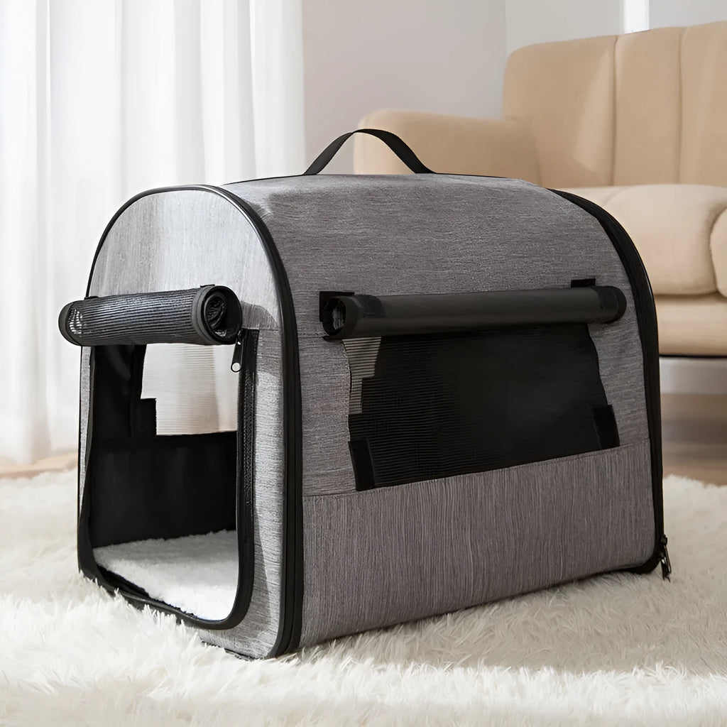 Grey portable cylindrical dog cage house pet travel carrier with mesh windows and roll-up sunshade