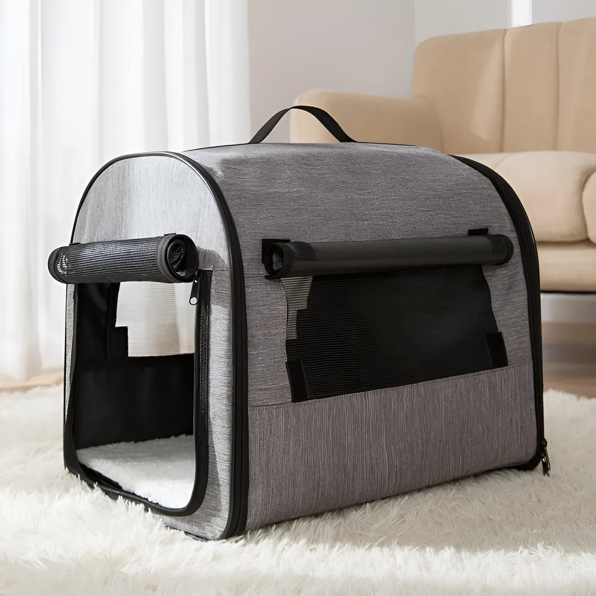 Grey portable cylindrical dog cage house pet travel carrier with mesh windows and roll-up sunshade