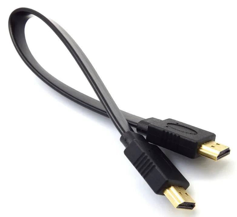 Flat HDMI 1.4 cable with gold connectors showing length options from 30cm to 10 metres