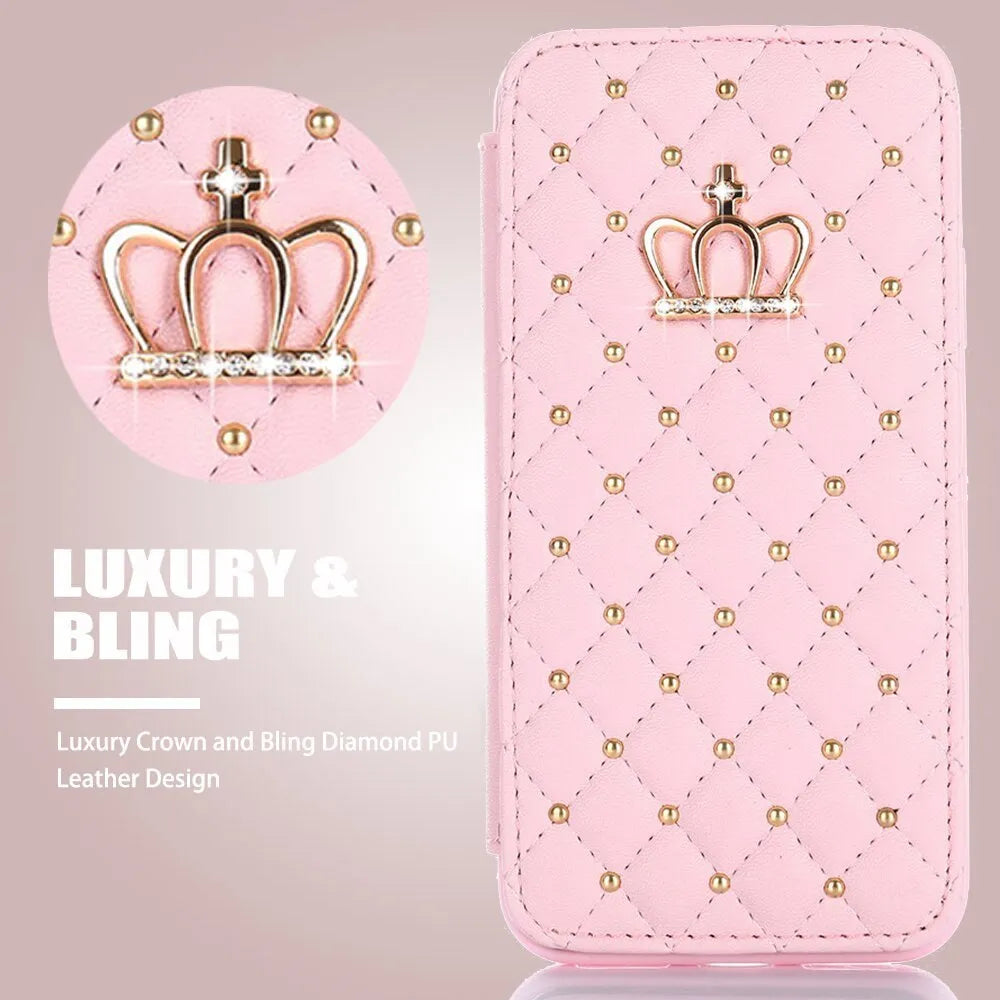 Crown Card Leather Case for Samsung Galaxy flip case with card slot in four colours Black Pink White Rose Red
