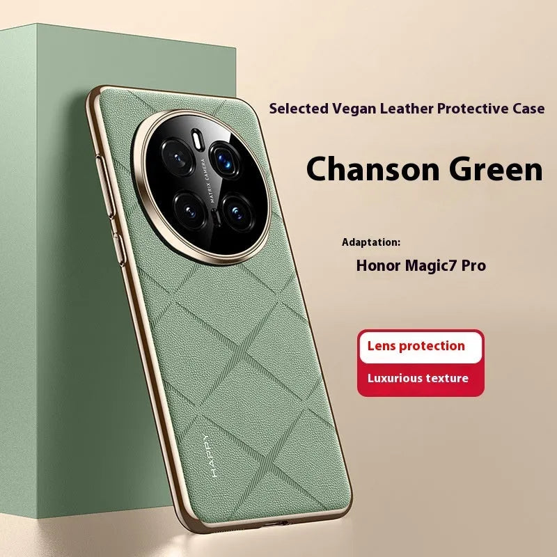 Electroplated plain leather phone case in black for Honor Glory 300 showing all-inclusive drop-resistant design