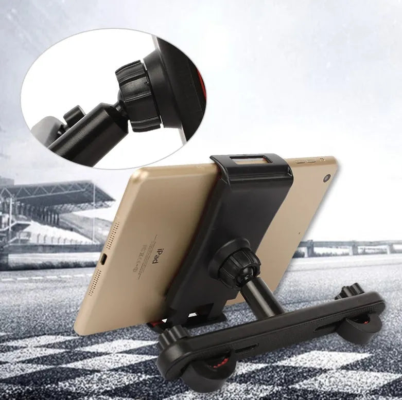 Black car tablet holder mounted on headrest with adjustable bracket for rear seat passengers