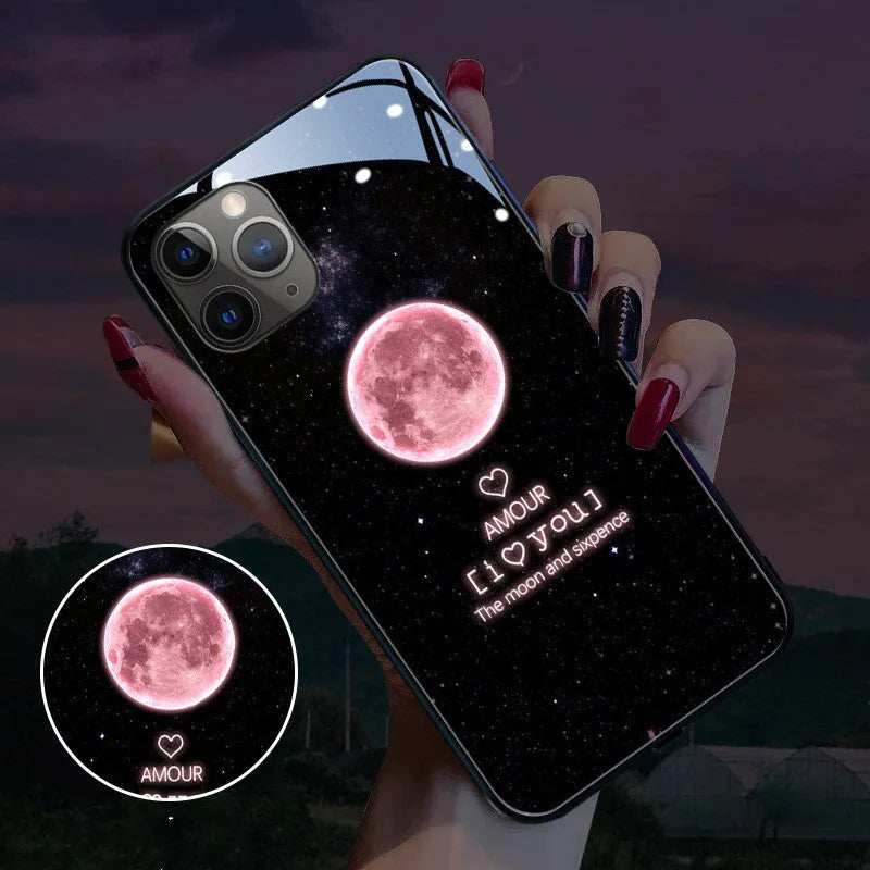 iPhone case with tempered glass back showing cool lightning design and integrated LED light flash