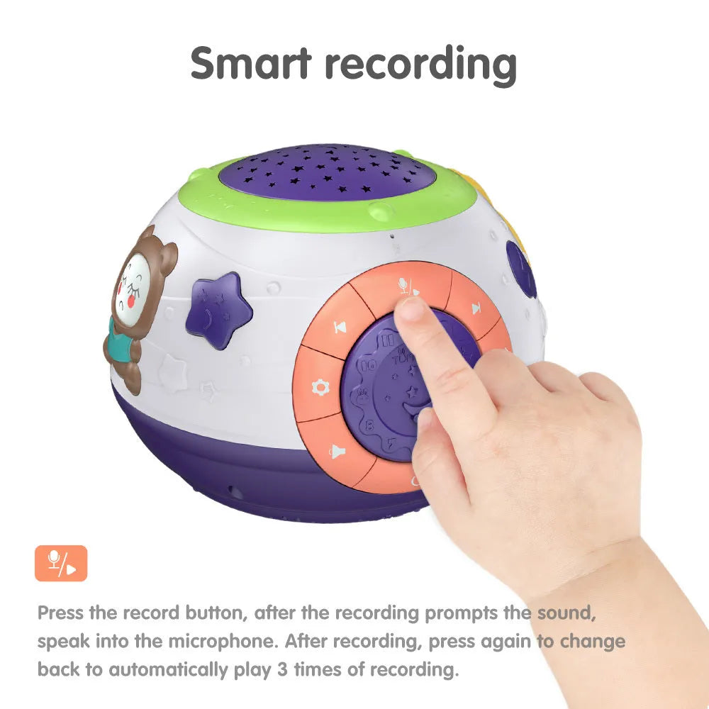 White cube-shaped children's night light projector showing starry sky projection with control button on top