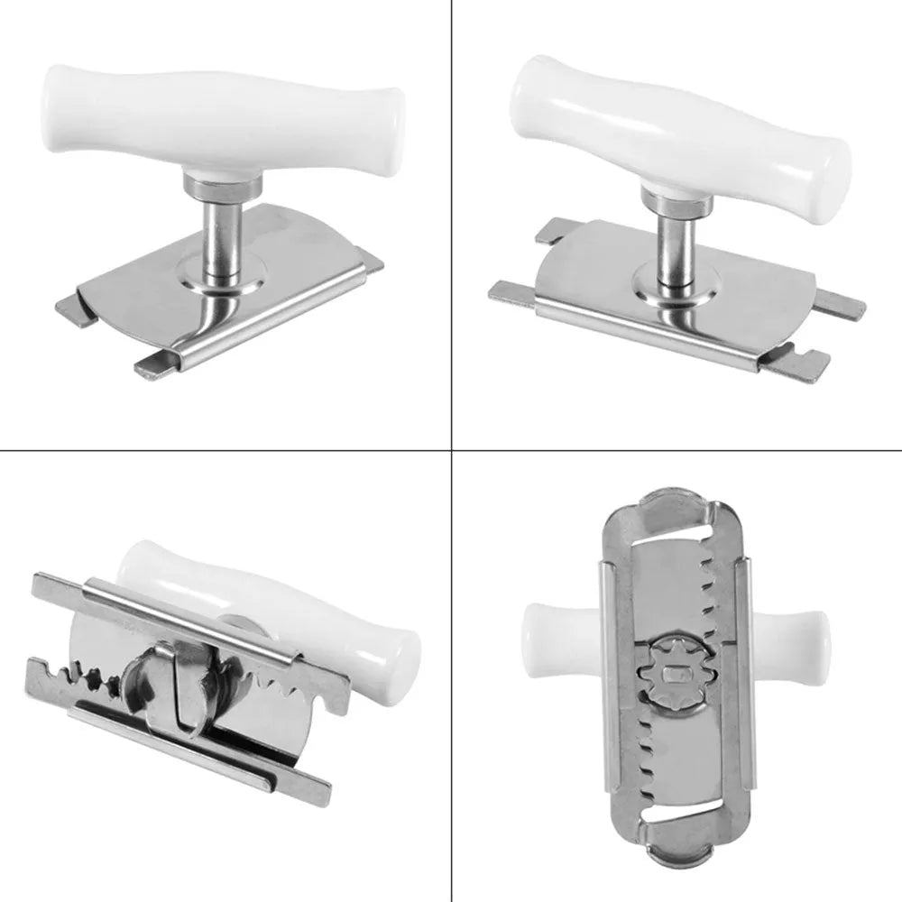 White stainless steel adjustable bottle cap opener with PP handle showing gear mechanism