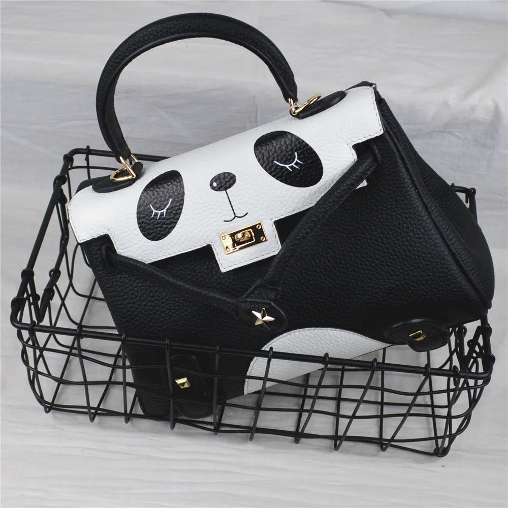 Panda print cow leather handbag in horizontal square shape showing animal pattern design
