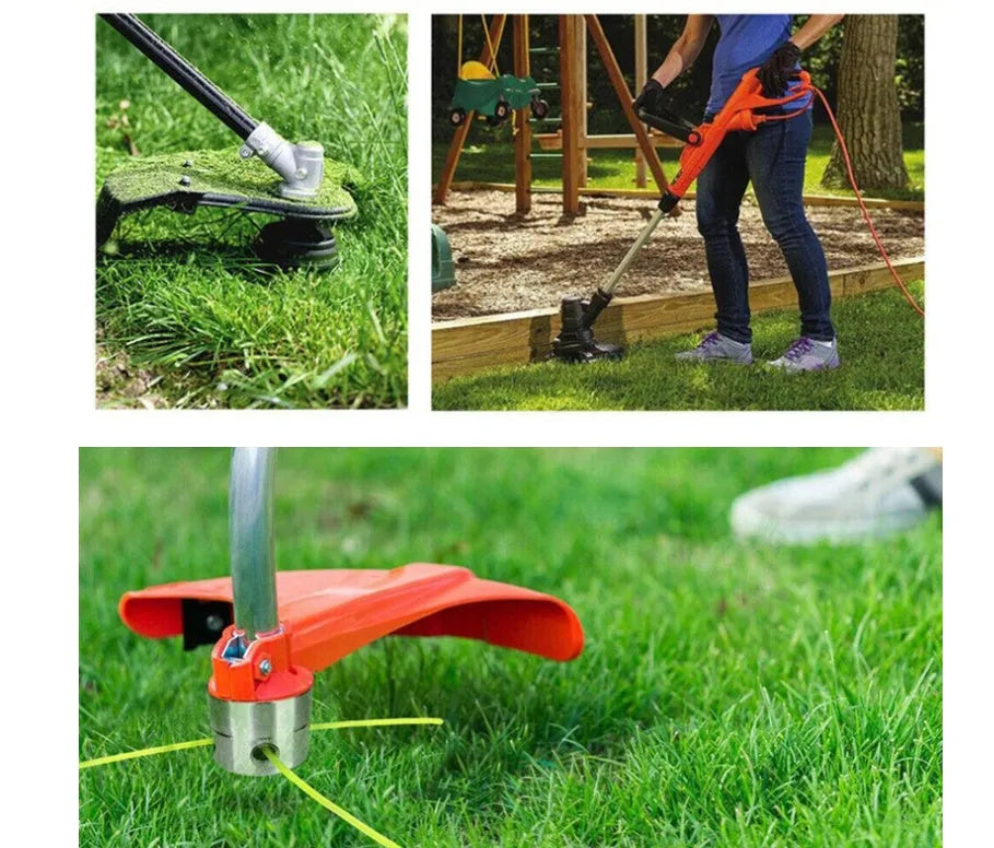 Silver aluminium lawn mower grass head kit with four light yellow cutting lines and a wrench